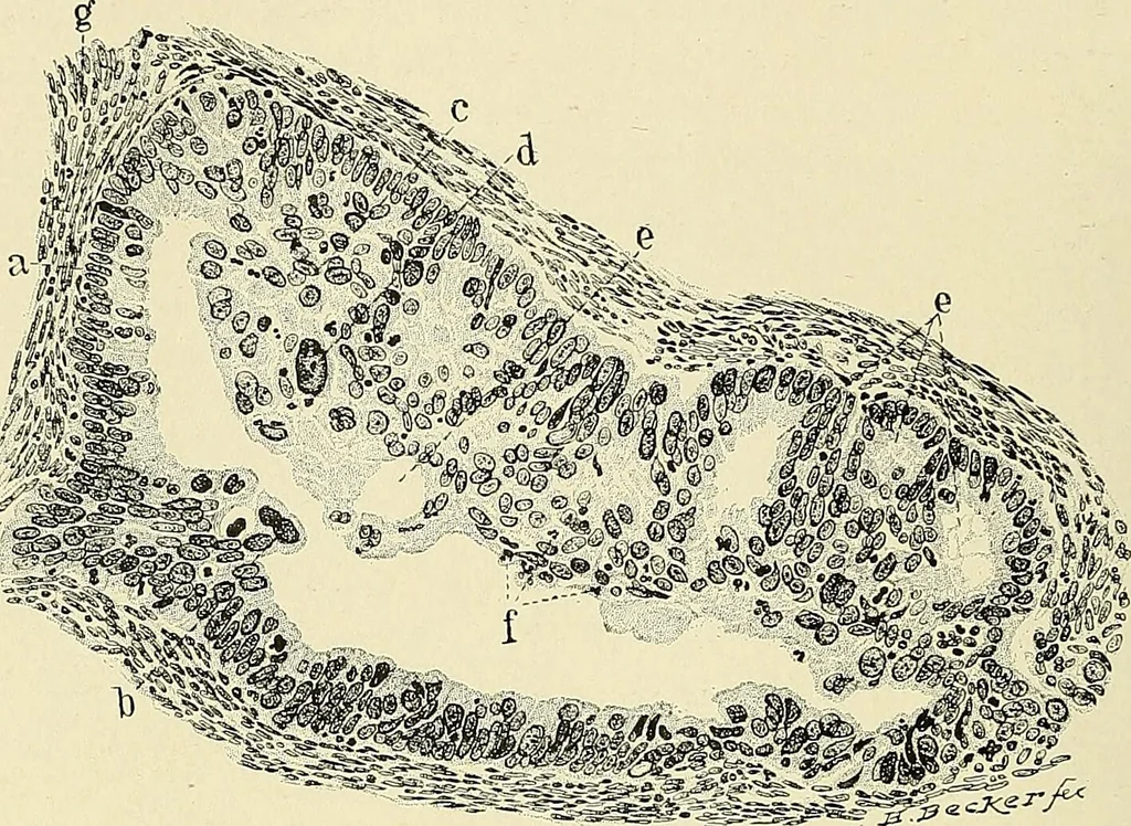 An illustration from Cancer of the uterus : its pathology, symptomatology, diagnosis, and treatment : also the pathology of diseases of the endometrium / by Thomas Stephen Cullen ; with eleven lithographic plates and over three hundred coloured and black illustrations in the text by May Brödel and Hermann Becker., 1900, leaf 476