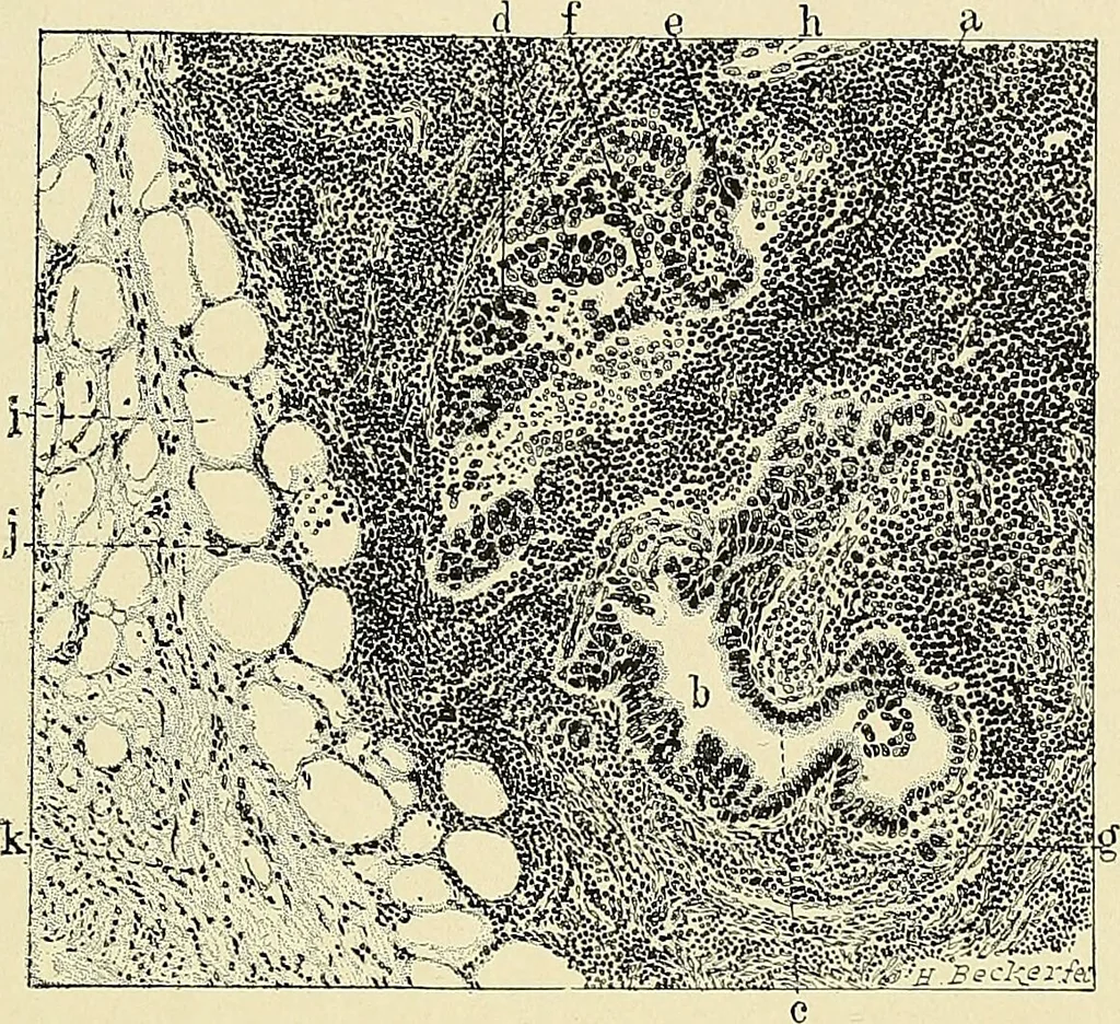 An illustration from Cancer of the uterus : its pathology, symptomatology, diagnosis, and treatment : also the pathology of diseases of the endometrium / by Thomas Stephen Cullen ; with eleven lithographic plates and over three hundred coloured and black illustrations in the text by May Brödel and Hermann Becker., 1900, leaf 485