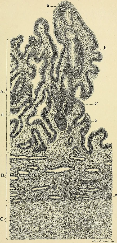 An illustration from Cancer of the uterus : its pathology, symptomatology, diagnosis, and treatment : also the pathology of diseases of the endometrium / by Thomas Stephen Cullen ; with eleven lithographic plates and over three hundred coloured and black illustrations in the text by May Brödel and Hermann Becker., 1900, leaf 503