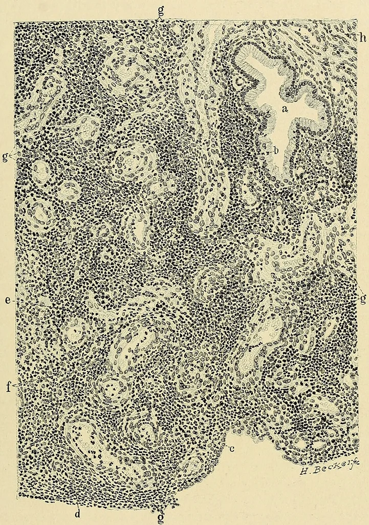 An illustration from Cancer of the uterus : its pathology, symptomatology, diagnosis, and treatment : also the pathology of diseases of the endometrium / by Thomas Stephen Cullen ; with eleven lithographic plates and over three hundred coloured and black illustrations in the text by May Brödel and Hermann Becker., 1900, leaf 513