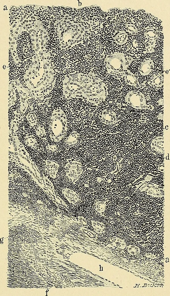 An illustration from Cancer of the uterus : its pathology, symptomatology, diagnosis, and treatment : also the pathology of diseases of the endometrium / by Thomas Stephen Cullen ; with eleven lithographic plates and over three hundred coloured and black illustrations in the text by May Brödel and Hermann Becker., 1900, leaf 515
