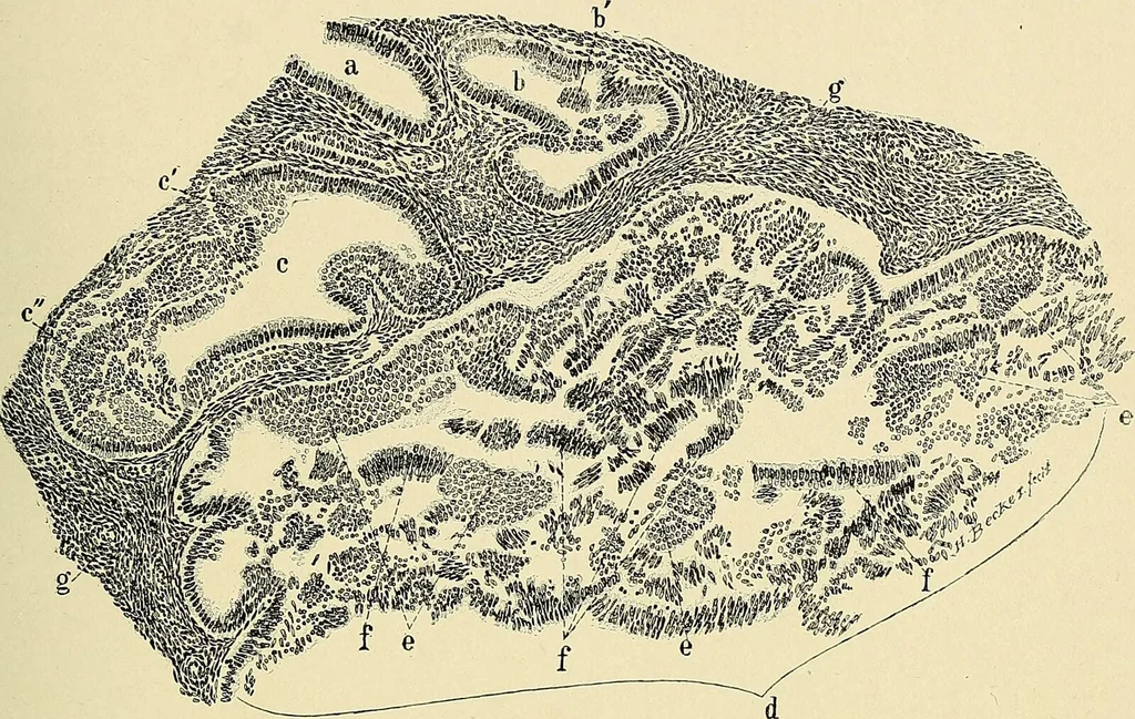 An illustration from Cancer of the uterus : its pathology, symptomatology, diagnosis, and treatment : also the pathology of diseases of the endometrium / by Thomas Stephen Cullen ; with eleven lithographic plates and over three hundred coloured and black illustrations in the text by May Brödel and Hermann Becker., 1900, leaf 537