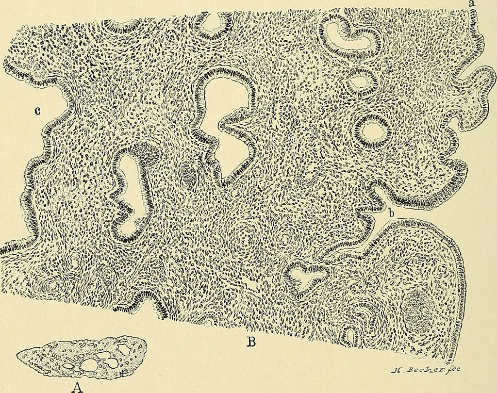 An illustration from Cancer of the uterus : its pathology, symptomatology, diagnosis, and treatment : also the pathology of diseases of the endometrium / by Thomas Stephen Cullen ; with eleven lithographic plates and over three hundred coloured and black illustrations in the text by May Brödel and Hermann Becker., 1900, leaf 542