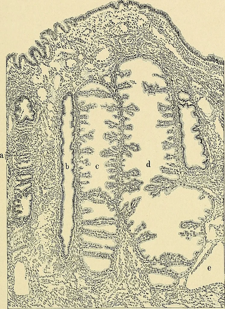 An illustration from Cancer of the uterus : its pathology, symptomatology, diagnosis, and treatment : also the pathology of diseases of the endometrium / by Thomas Stephen Cullen ; with eleven lithographic plates and over three hundred coloured and black illustrations in the text by May Brödel and Hermann Becker., 1900, leaf 549