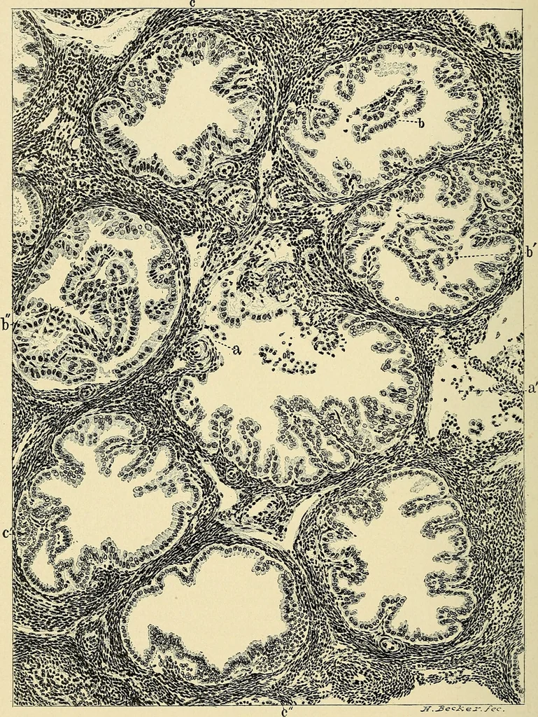 An illustration from Cancer of the uterus : its pathology, symptomatology, diagnosis, and treatment : also the pathology of diseases of the endometrium / by Thomas Stephen Cullen ; with eleven lithographic plates and over three hundred coloured and black illustrations in the text by May Brödel and Hermann Becker., 1900, leaf 554