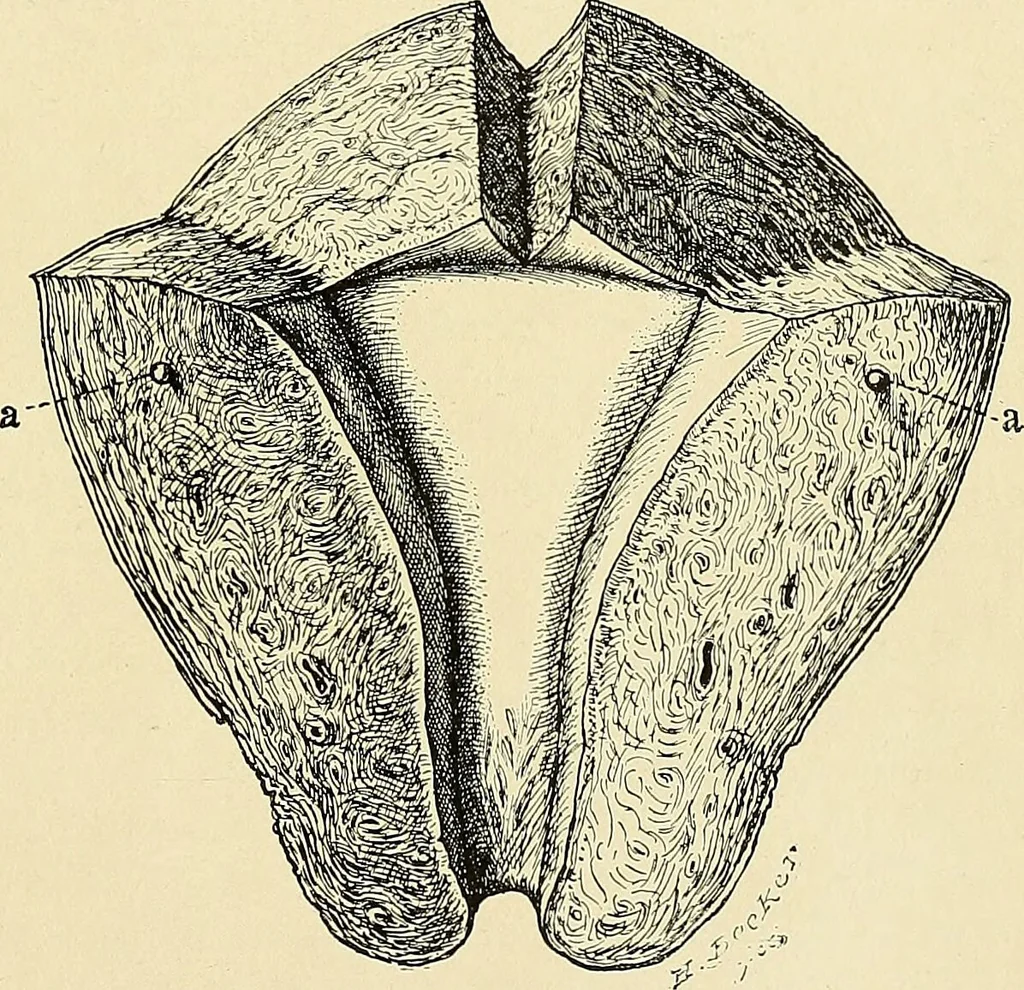 An illustration from Cancer of the uterus : its pathology, symptomatology, diagnosis, and treatment : also the pathology of diseases of the endometrium / by Thomas Stephen Cullen ; with eleven lithographic plates and over three hundred coloured and black illustrations in the text by May Brödel and Hermann Becker., 1900, leaf 57