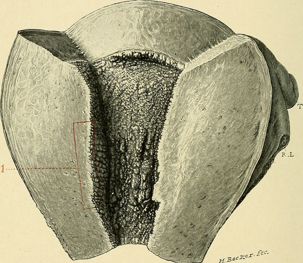 An illustration from Cancer of the uterus : its pathology, symptomatology, diagnosis, and treatment : also the pathology of diseases of the endometrium / by Thomas Stephen Cullen ; with eleven lithographic plates and over three hundred coloured and black illustrations in the text by May Brödel and Hermann Becker., 1900, leaf 574