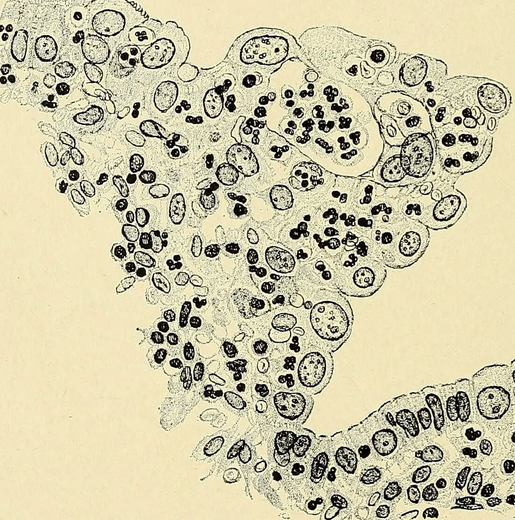 An illustration from Cancer of the uterus : its pathology, symptomatology, diagnosis, and treatment : also the pathology of diseases of the endometrium / by Thomas Stephen Cullen ; with eleven lithographic plates and over three hundred coloured and black illustrations in the text by May Brödel and Hermann Becker., 1900, leaf 580