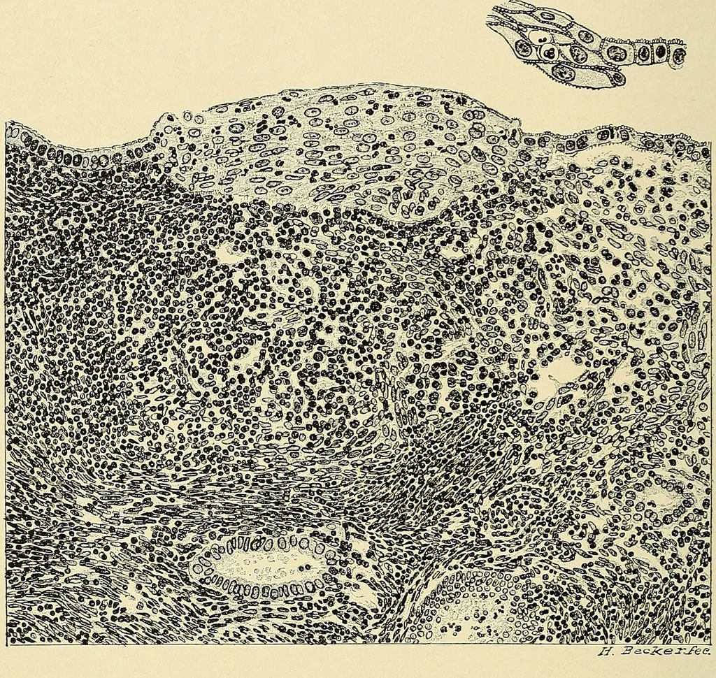 An illustration from Cancer of the uterus : its pathology, symptomatology, diagnosis, and treatment : also the pathology of diseases of the endometrium / by Thomas Stephen Cullen ; with eleven lithographic plates and over three hundred coloured and black illustrations in the text by May Brödel and Hermann Becker., 1900, leaf 590