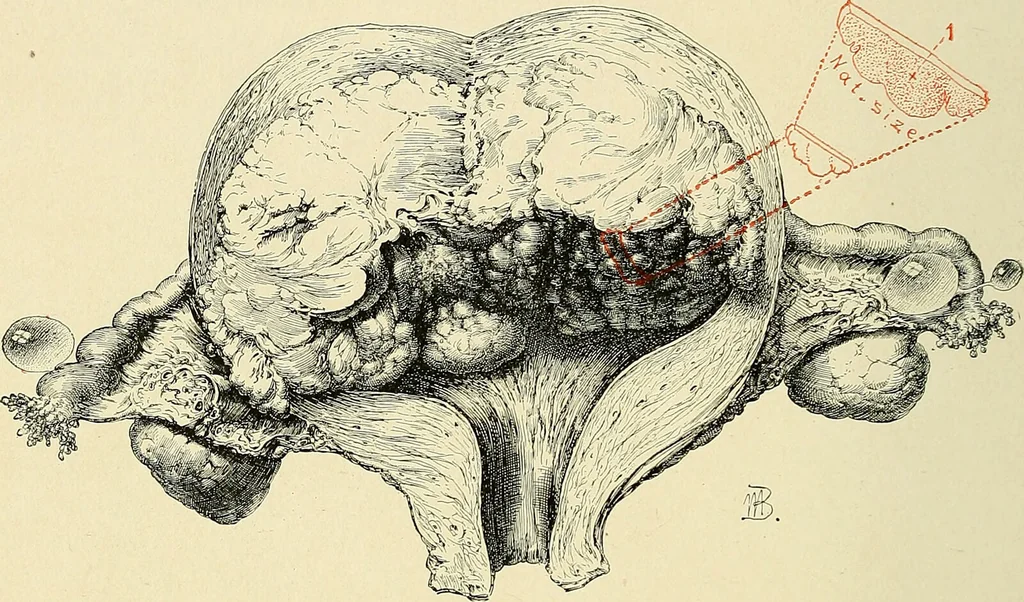 An illustration from Cancer of the uterus : its pathology, symptomatology, diagnosis, and treatment : also the pathology of diseases of the endometrium / by Thomas Stephen Cullen ; with eleven lithographic plates and over three hundred coloured and black illustrations in the text by May Brödel and Hermann Becker., 1900, leaf 616