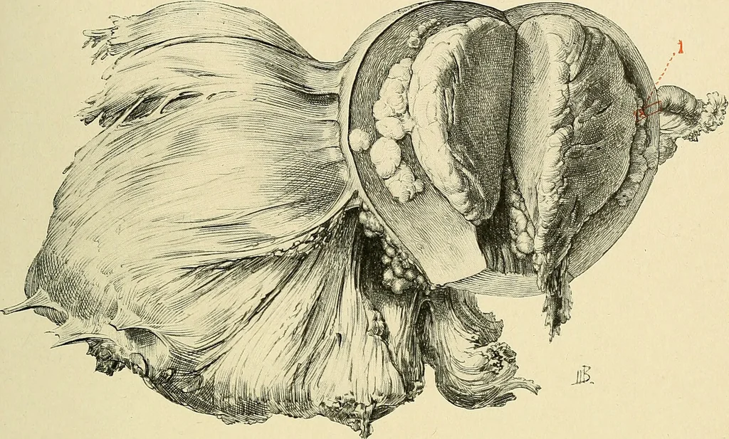 An illustration from Cancer of the uterus : its pathology, symptomatology, diagnosis, and treatment : also the pathology of diseases of the endometrium / by Thomas Stephen Cullen ; with eleven lithographic plates and over three hundred coloured and black illustrations in the text by May Brödel and Hermann Becker., 1900, leaf 623