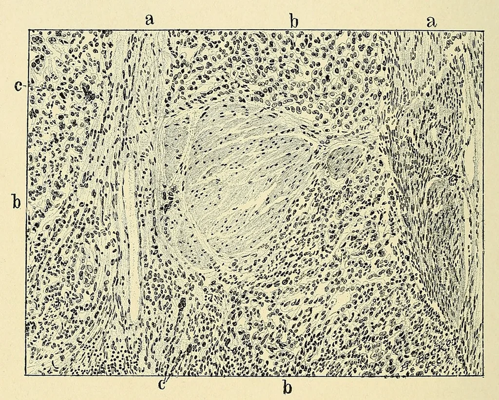 An illustration from Cancer of the uterus : its pathology, symptomatology, diagnosis, and treatment : also the pathology of diseases of the endometrium / by Thomas Stephen Cullen ; with eleven lithographic plates and over three hundred coloured and black illustrations in the text by May Brödel and Hermann Becker., 1900, leaf 624