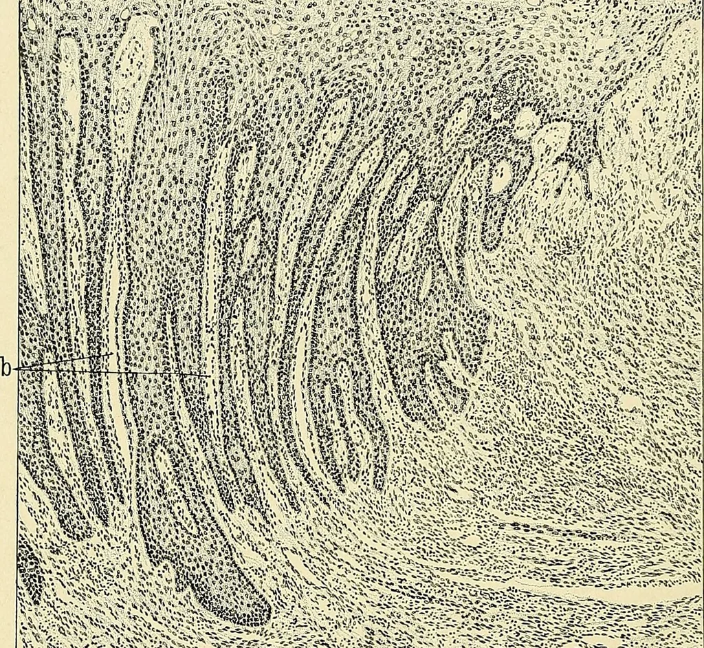 An illustration from Cancer of the uterus : its pathology, symptomatology, diagnosis, and treatment : also the pathology of diseases of the endometrium / by Thomas Stephen Cullen ; with eleven lithographic plates and over three hundred coloured and black illustrations in the text by May Brödel and Hermann Becker., 1900, leaf 68