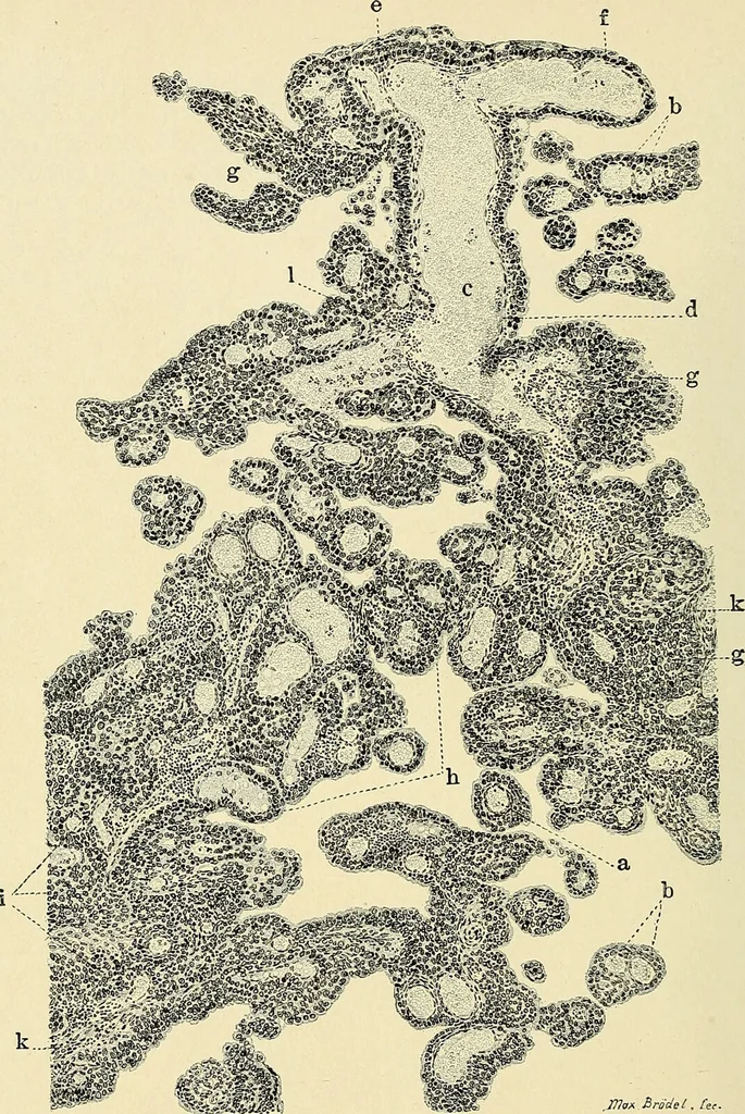 An illustration from Cancer of the uterus : its pathology, symptomatology, diagnosis, and treatment : also the pathology of diseases of the endometrium / by Thomas Stephen Cullen ; with eleven lithographic plates and over three hundred coloured and black illustrations in the text by May Brödel and Hermann Becker., 1900, leaf 72