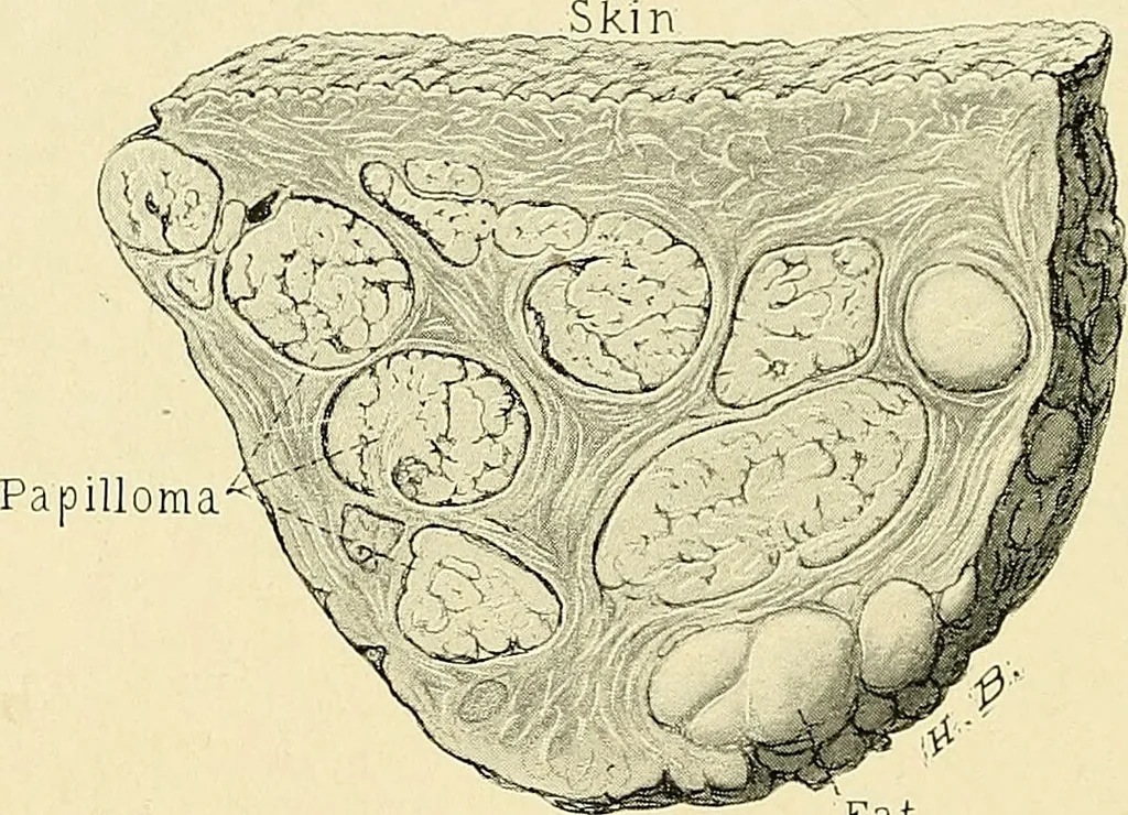 An illustration from Cancer of the uterus : its pathology, symptomatology, diagnosis, and treatment : also the pathology of diseases of the endometrium / by Thomas Stephen Cullen ; with eleven lithographic plates and over three hundred coloured and black illustrations in the text by May Brödel and Hermann Becker., 1900, leaf 736