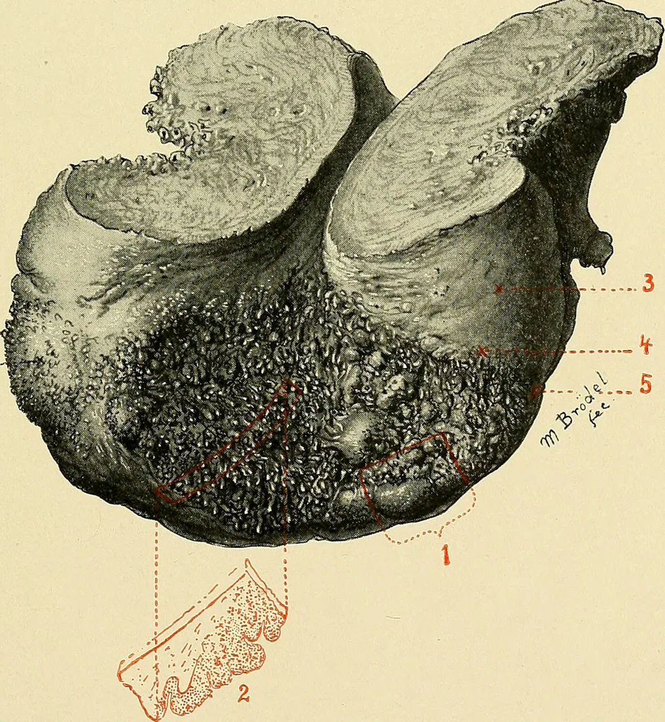 An illustration from Cancer of the uterus : its pathology, symptomatology, diagnosis, and treatment : also the pathology of diseases of the endometrium / by Thomas Stephen Cullen ; with eleven lithographic plates and over three hundred coloured and black illustrations in the text by May Brödel and Hermann Becker., 1900, leaf 79