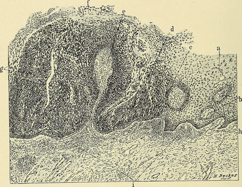 An illustration from Cancer of the uterus : its pathology, symptomatology, diagnosis, and treatment : also the pathology of diseases of the endometrium / by Thomas Stephen Cullen ; with eleven lithographic plates and over three hundred coloured and black illustrations in the text by May Brödel and Hermann Becker., 1900, leaf 86