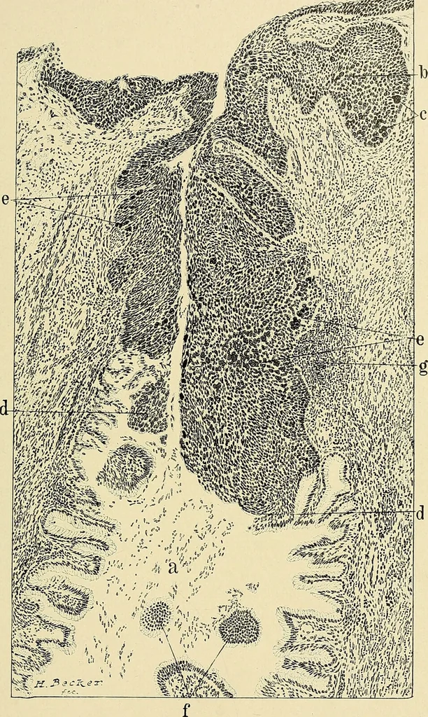 An illustration from Cancer of the uterus : its pathology, symptomatology, diagnosis, and treatment : also the pathology of diseases of the endometrium / by Thomas Stephen Cullen ; with eleven lithographic plates and over three hundred coloured and black illustrations in the text by May Brödel and Hermann Becker., 1900, leaf 87