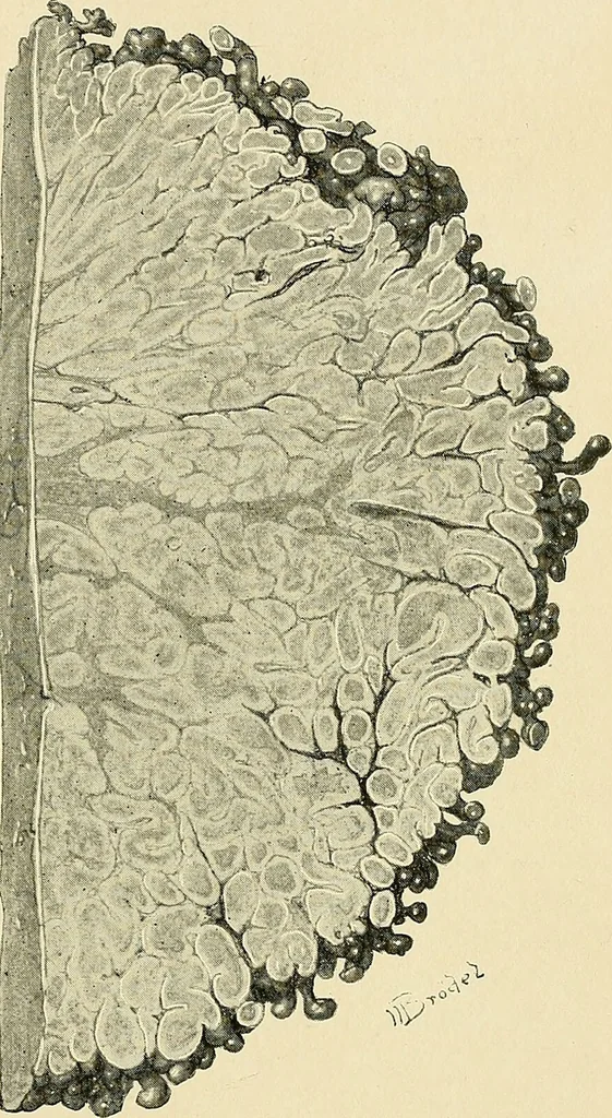 An illustration from Cancer of the uterus : its pathology, symptomatology, diagnosis, and treatment : also the pathology of diseases of the endometrium / by Thomas Stephen Cullen ; with eleven lithographic plates and over three hundred coloured and black illustrations in the text by May Brödel and Hermann Becker., 1900, leaf 91