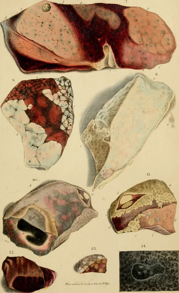 An illustration from Principles and illustrations of morbid anatomy : adapted to the elements of M. Andral, and to the cyclopaedia of practical medicine, being a complete series of coloured lithographic drawings, from originals by the author : with descriptions and summary allusions to cases, symptoms, treatment, &c. : designed to constitute an appendix to works on the practice of physic, and to facilitate the study of morbid anatomy in connexion with symptoms / by J. Hope., 1834, leaf 337