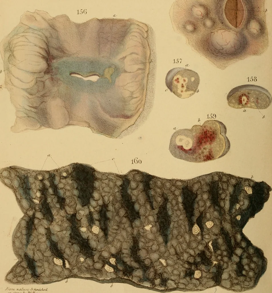 An illustration from Principles and illustrations of morbid anatomy : adapted to the elements of M. Andral, and to the cyclopaedia of practical medicine, being a complete series of coloured lithographic drawings, from originals by the author : with descriptions and summary allusions to cases, symptoms, treatment, &c. : designed to constitute an appendix to works on the practice of physic, and to facilitate the study of morbid anatomy in connexion with symptoms / by J. Hope., 1834, leaf 492
