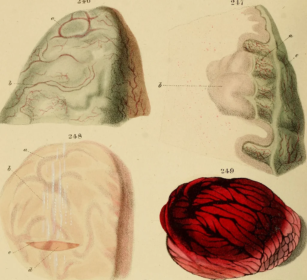 An illustration from Principles and illustrations of morbid anatomy : adapted to the elements of M. Andral, and to the cyclopaedia of practical medicine, being a complete series of coloured lithographic drawings, from originals by the author : with descriptions and summary allusions to cases, symptoms, treatment, &c. : designed to constitute an appendix to works on the practice of physic, and to facilitate the study of morbid anatomy in connexion with symptoms / by J. Hope., 1834, leaf 596
