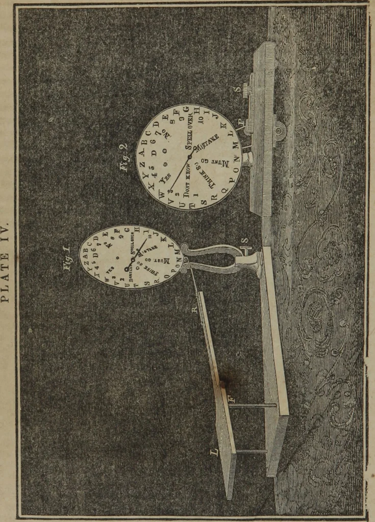 An illustration from Lecture on spiritualism : delivered before an audience of three thousand, at the Tabernacle, in the City of New York, in November 1855 : comprising an account of the manifestations which induced the author's conversion to spiritualism, and confirmed his hope of immortality / by Professor Hare ; [introductory remarks by Mr. Brittan]., 1855, leaf 16