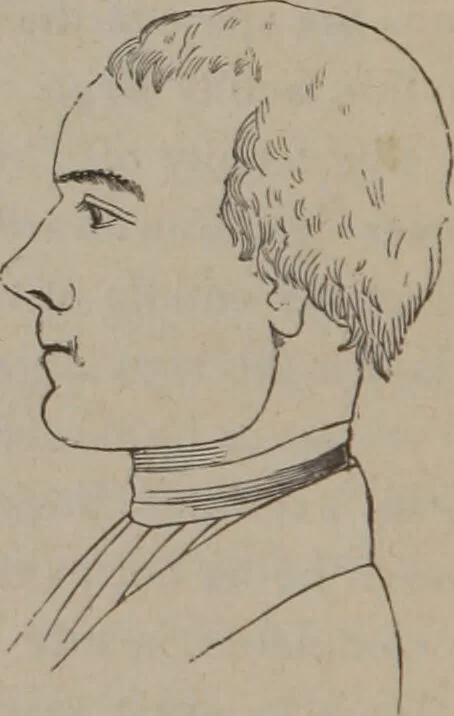 An illustration from Outlines of a new system of physiognomy : illustrated by numerous engravings indicating the location of the signs of the different mental faculties / by J.W. Redfield., 1849, leaf 32