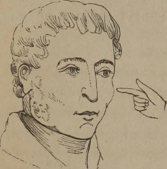 An illustration from Outlines of a new system of physiognomy : illustrated by numerous engravings indicating the location of the signs of the different mental faculties / by J.W. Redfield., 1849, leaf 36
