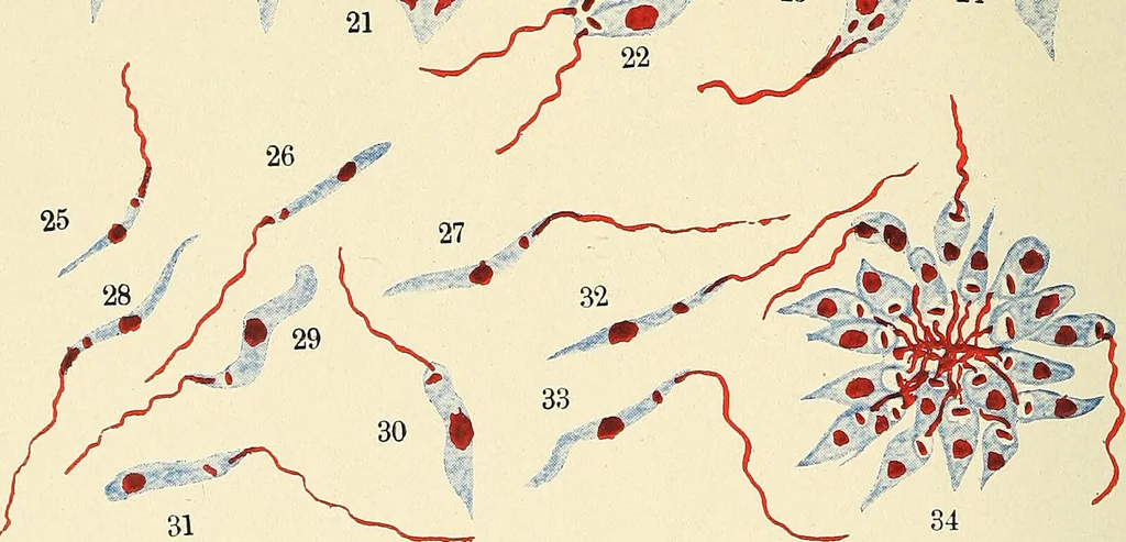 An illustration from The malarial fevers, haemoglobinuric fever and the blood protozoa of man / by Charles F. Craig ; illustrated by four colored plates, twenty-five clinical charts, and twenty-eight photomicrographs and drawings., 1909, leaf 444