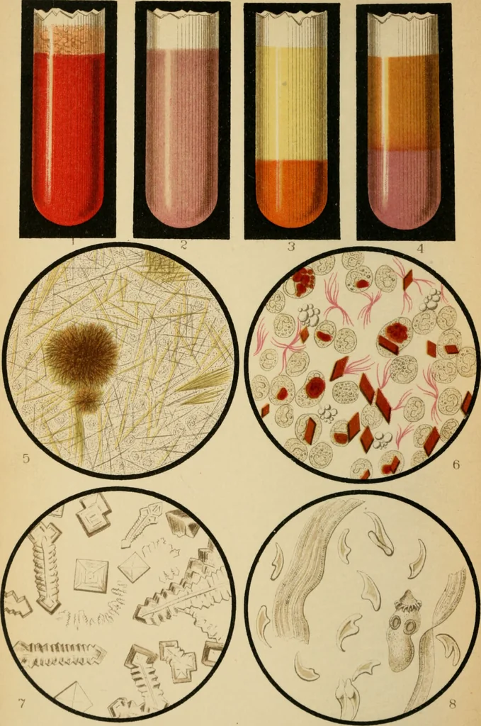 An illustration from Atlas of methods of clinical investigation : with an epitome of clinical diagnosis and of special pathology and treatment of internal diseases / By Dr. Christfried Jakob ... Authorized translation from the German. Ed. by Augustus A. Eshner ... With 182 colored illustrations upon 68 plates, and 64 illustrations in the text., 1898, leaf 80