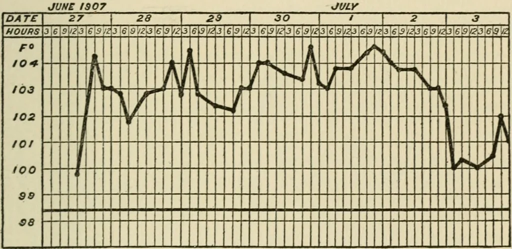 An illustration from Meningococcus meningitis / by Henry Heiman ... and Samuel Feldstein ... with introduction by Henry Koplik ... with 4 plates, 31 figures, 2 in color, and 4 charts., 1913, leaf 153