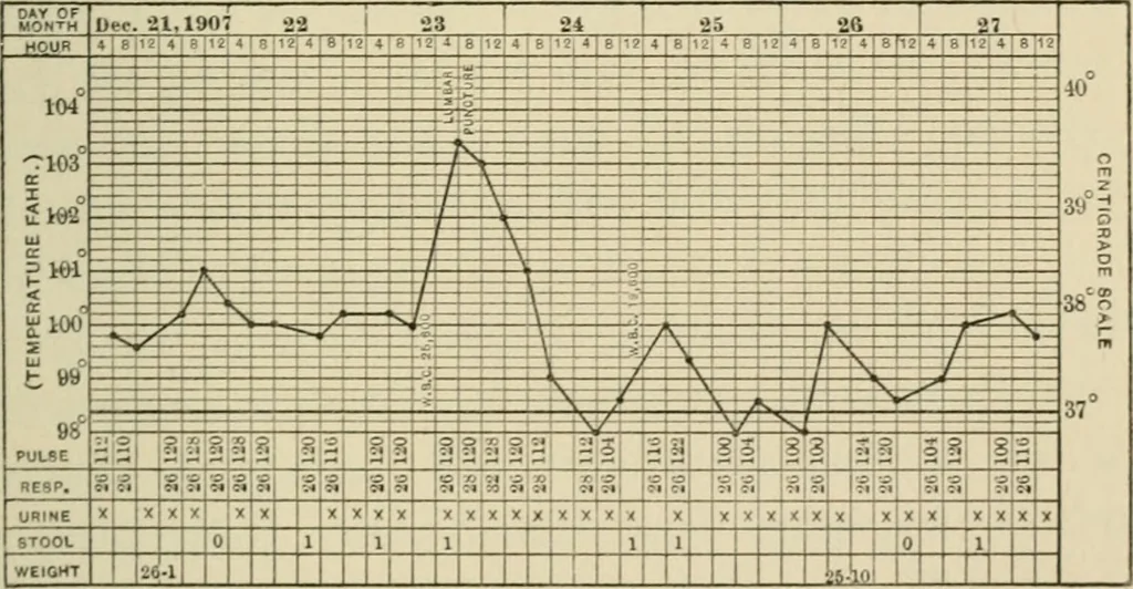 An illustration from Meningococcus meningitis / by Henry Heiman ... and Samuel Feldstein ... with introduction by Henry Koplik ... with 4 plates, 31 figures, 2 in color, and 4 charts., 1913, leaf 155