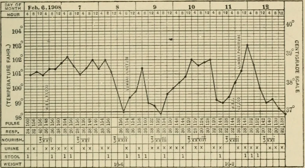 An illustration from Meningococcus meningitis / by Henry Heiman ... and Samuel Feldstein ... with introduction by Henry Koplik ... with 4 plates, 31 figures, 2 in color, and 4 charts., 1913, leaf 155