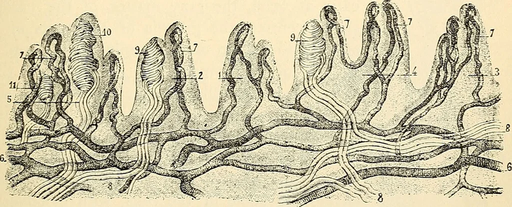 An illustration from Handbook of physiology : for students and practitioners of medicine / by Austin Flint ... with two hundred and forty-seven illustrations in the text--including four in colors--and an atlas of sixteen color-plates, including forty-eight original figures taken from actual stained microscopical preparation., 1905, leaf 505