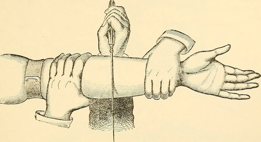 An illustration from Surgical technic; a text-book on operative surgery / by Fr. von Esmarch ... and E. Kowalzig ... translated by Professor Ludwig H. Grau ... and Willam N. Sullivan ... edited by Nicholas Senn ... With fourteen hundred and ninety-seven illustrations and fifteen colored plates., 1901, leaf 385