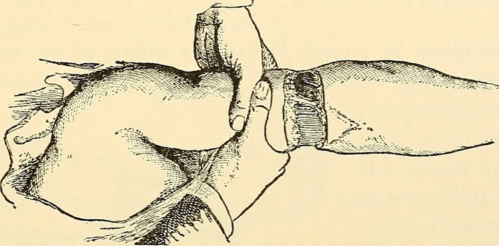 An illustration from Surgical technic; a text-book on operative surgery / by Fr. von Esmarch ... and E. Kowalzig ... translated by Professor Ludwig H. Grau ... and Willam N. Sullivan ... edited by Nicholas Senn ... With fourteen hundred and ninety-seven illustrations and fifteen colored plates., 1901, leaf 387