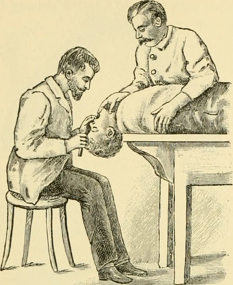 An illustration from Surgical technic; a text-book on operative surgery / by Fr. von Esmarch ... and E. Kowalzig ... translated by Professor Ludwig H. Grau ... and Willam N. Sullivan ... edited by Nicholas Senn ... With fourteen hundred and ninety-seven illustrations and fifteen colored plates., 1901, leaf 660