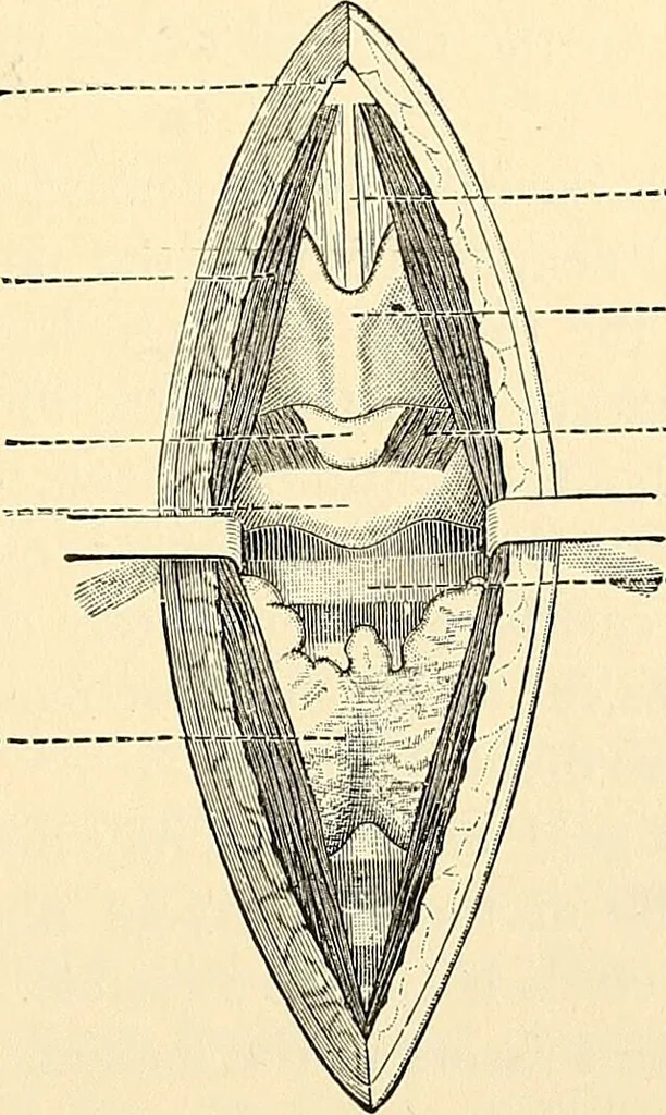 An illustration from Surgical technic; a text-book on operative surgery / by Fr. von Esmarch ... and E. Kowalzig ... translated by Professor Ludwig H. Grau ... and Willam N. Sullivan ... edited by Nicholas Senn ... With fourteen hundred and ninety-seven illustrations and fifteen colored plates., 1901, leaf 689