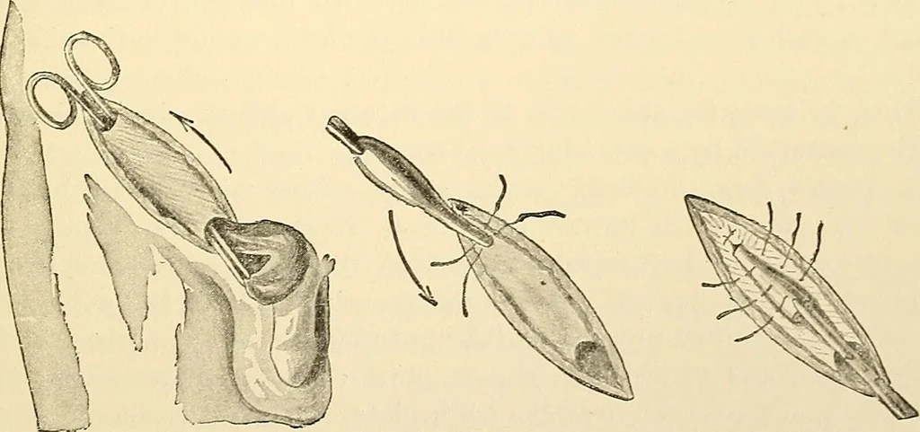 An illustration from Surgical technic; a text-book on operative surgery / by Fr. von Esmarch ... and E. Kowalzig ... translated by Professor Ludwig H. Grau ... and Willam N. Sullivan ... edited by Nicholas Senn ... With fourteen hundred and ninety-seven illustrations and fifteen colored plates., 1901, leaf 805