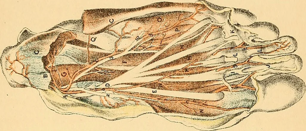 An illustration from Illustrations of dissections : in a series of original colored plates the size of life representing the dissection of the human body / by George Viner Ellis and G.H. Ford., 1891, leaf 531