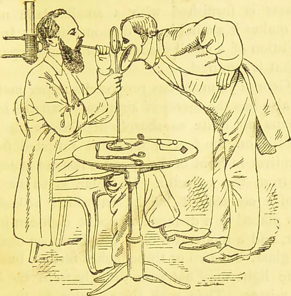 An illustration from Laryngoscopy and rhinoscopy and the diagnosis and treatment of the diseases of the throat and nose / by Prosser James, M.D., 1888, leaf 97