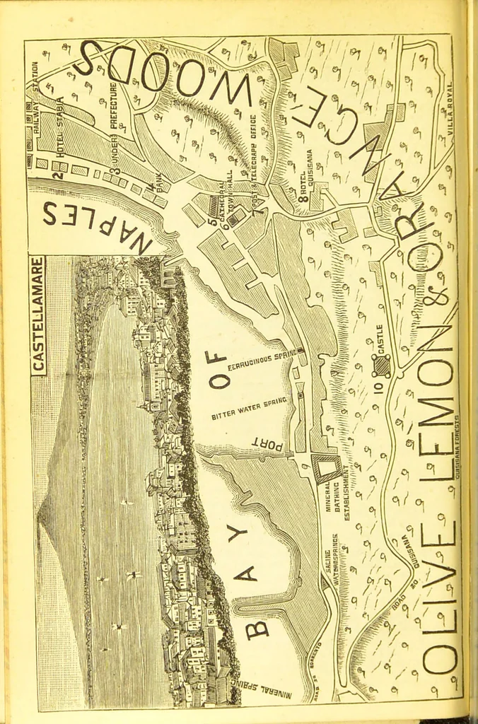 An illustration from B. Bradshaw's Dictionary of mineral waters, climatic health resorts, sea baths, and hydropathic establishments : giving the summer and winter residences of doctors, hotels which can be recommended with confidence, and other useful information : with a map printed in 11 colours, showing the stations named, and an itinerary of the quickest and cheapest routes by rail, boats, carriages, etc., and seven smaller maps and plans., 1884, leaf 160