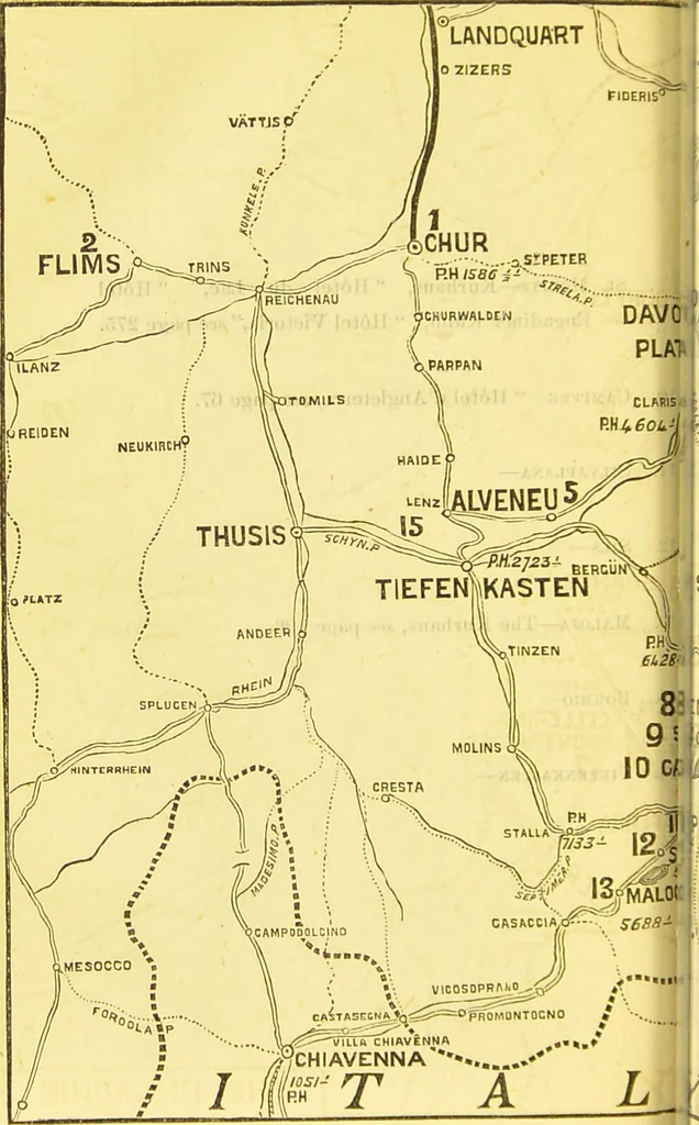 An illustration from B. Bradshaw's Dictionary of mineral waters, climatic health resorts, sea baths, and hydropathic establishments : giving the summer and winter residences of doctors, hotels which can be recommended with confidence, and other useful information : with a map printed in 11 colours, showing the stations named, and an itinerary of the quickest and cheapest routes by rail, boats, carriages, etc., and seven smaller maps and plans., 1884, leaf 454