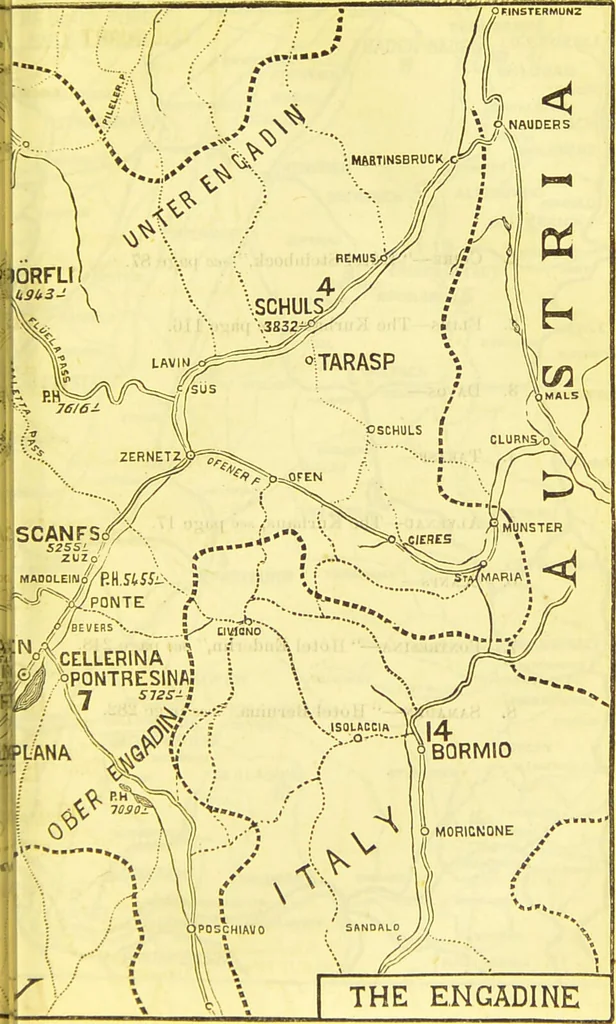 An illustration from B. Bradshaw's Dictionary of mineral waters, climatic health resorts, sea baths, and hydropathic establishments : giving the summer and winter residences of doctors, hotels which can be recommended with confidence, and other useful information : with a map printed in 11 colours, showing the stations named, and an itinerary of the quickest and cheapest routes by rail, boats, carriages, etc., and seven smaller maps and plans., 1884, leaf 455