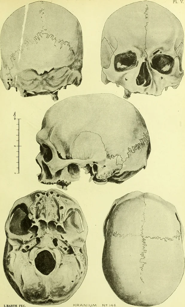 An illustration from Norrønaskaller : crania antiqua in parte orientali Norvegiae meridionalis inventa / en studie fra Universitetets Anatomiske Institut og dette tilegnet af Justus Barth ... ; udgivet ved G.A. Guldberg., 1896, leaf 217