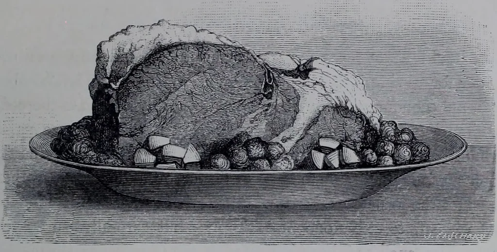 An illustration from The royal cookery book (le livre de cuisine) / by Jules Gouffé ; translated from the French and adapted for English use by Alphonse Gouffé ... comprising domestic and high-class cookery, illustrated with sixteen large plates printed in colours, and one hundred and sixty-one woodcuts from drawing from nature by E. Ronjat., 1868, leaf 121