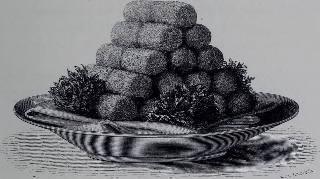 An illustration from The royal cookery book (le livre de cuisine) / by Jules Gouffé ; translated from the French and adapted for English use by Alphonse Gouffé ... comprising domestic and high-class cookery, illustrated with sixteen large plates printed in colours, and one hundred and sixty-one woodcuts from drawing from nature by E. Ronjat., 1868, leaf 125