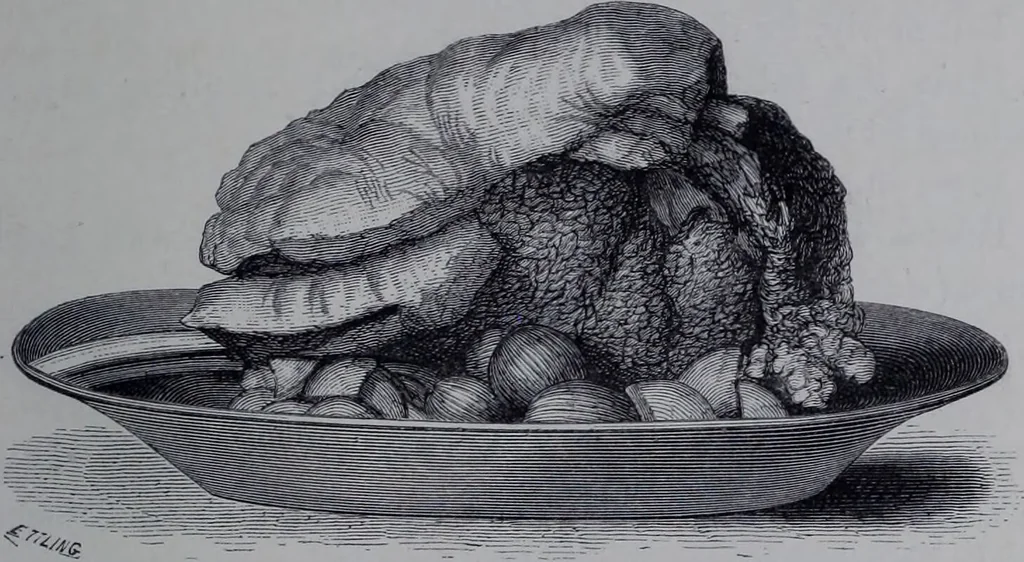 An illustration from The royal cookery book (le livre de cuisine) / by Jules Gouffé ; translated from the French and adapted for English use by Alphonse Gouffé ... comprising domestic and high-class cookery, illustrated with sixteen large plates printed in colours, and one hundred and sixty-one woodcuts from drawing from nature by E. Ronjat., 1868, leaf 129