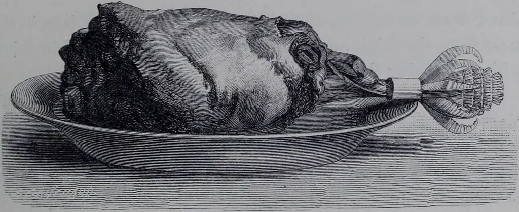 An illustration from The royal cookery book (le livre de cuisine) / by Jules Gouffé ; translated from the French and adapted for English use by Alphonse Gouffé ... comprising domestic and high-class cookery, illustrated with sixteen large plates printed in colours, and one hundred and sixty-one woodcuts from drawing from nature by E. Ronjat., 1868, leaf 157